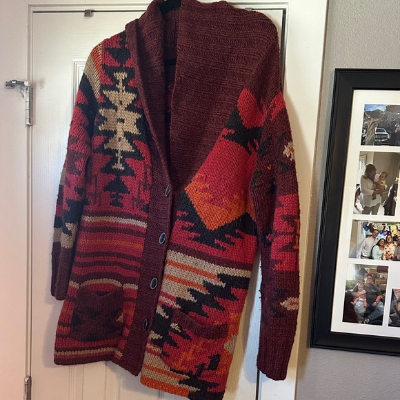 Eddie Bauer Hand Knit Wool Red and Brown Patterned Cardigan - Picture 3 of 12